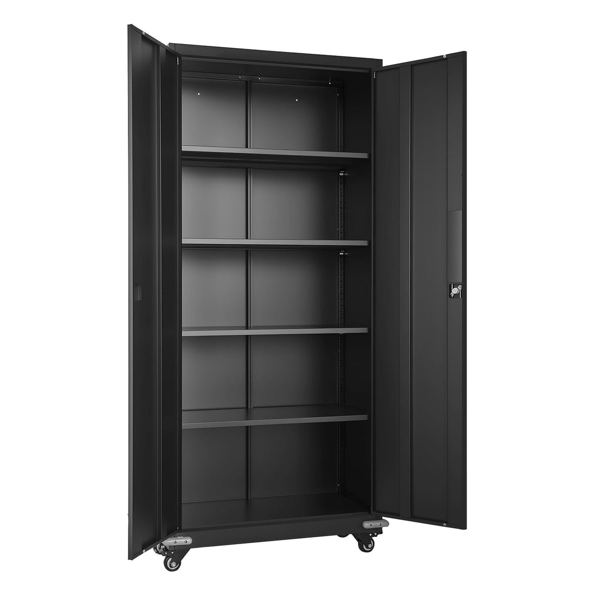 Metal Storage Cabinet, 72.6 in Rolling Steel Garage Cabinet with 4 Adjustable Shelves, 2 Magnetic Doors & 2 Keys, 5 Tiers Lockable Tool Storage for Pantry, Warehouse, Basement, Office, Black