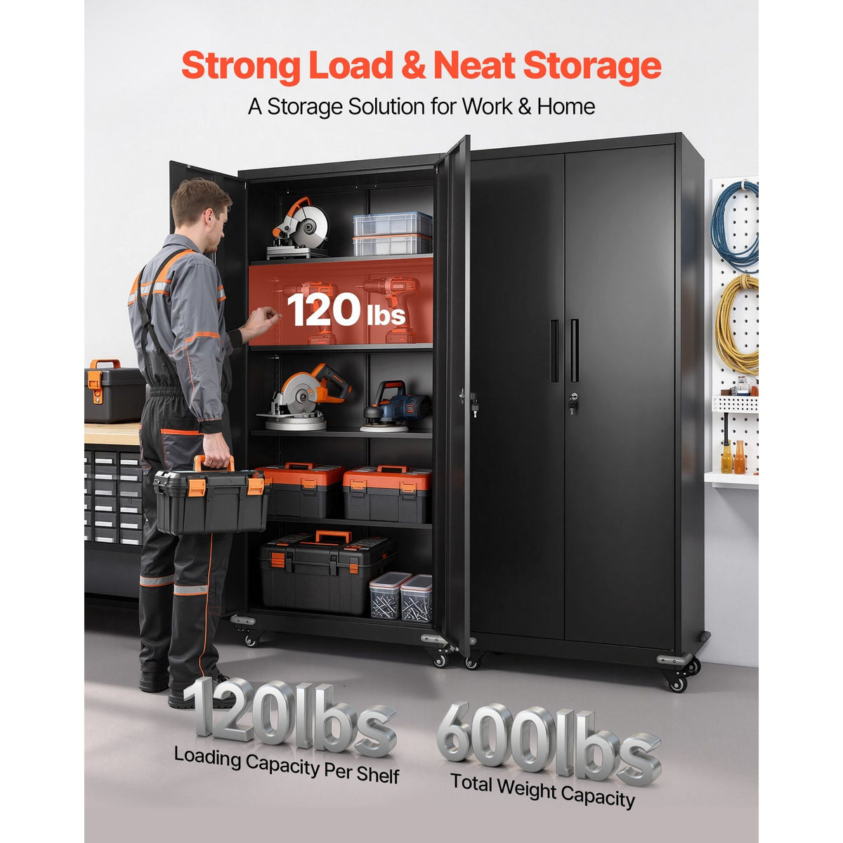 Metal Storage Cabinet, 72.6 in Rolling Steel Garage Cabinet with 4 Adjustable Shelves, 2 Magnetic Doors & 2 Keys, 5 Tiers Lockable Tool Storage for Pantry, Warehouse, Basement, Office, Black