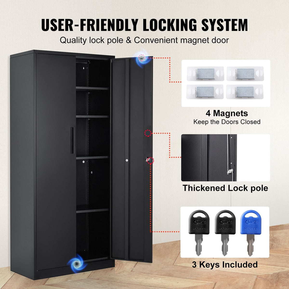 Metal Storage Cabinet, Steel Locking Storage Cabinet with 2 Magnetic Doors and 4 Adjustable Shelves, 71'' Metal Cabinet 200 lbs Capacity per Shelf with 3 Keys, for Office, Home, Garage, Black