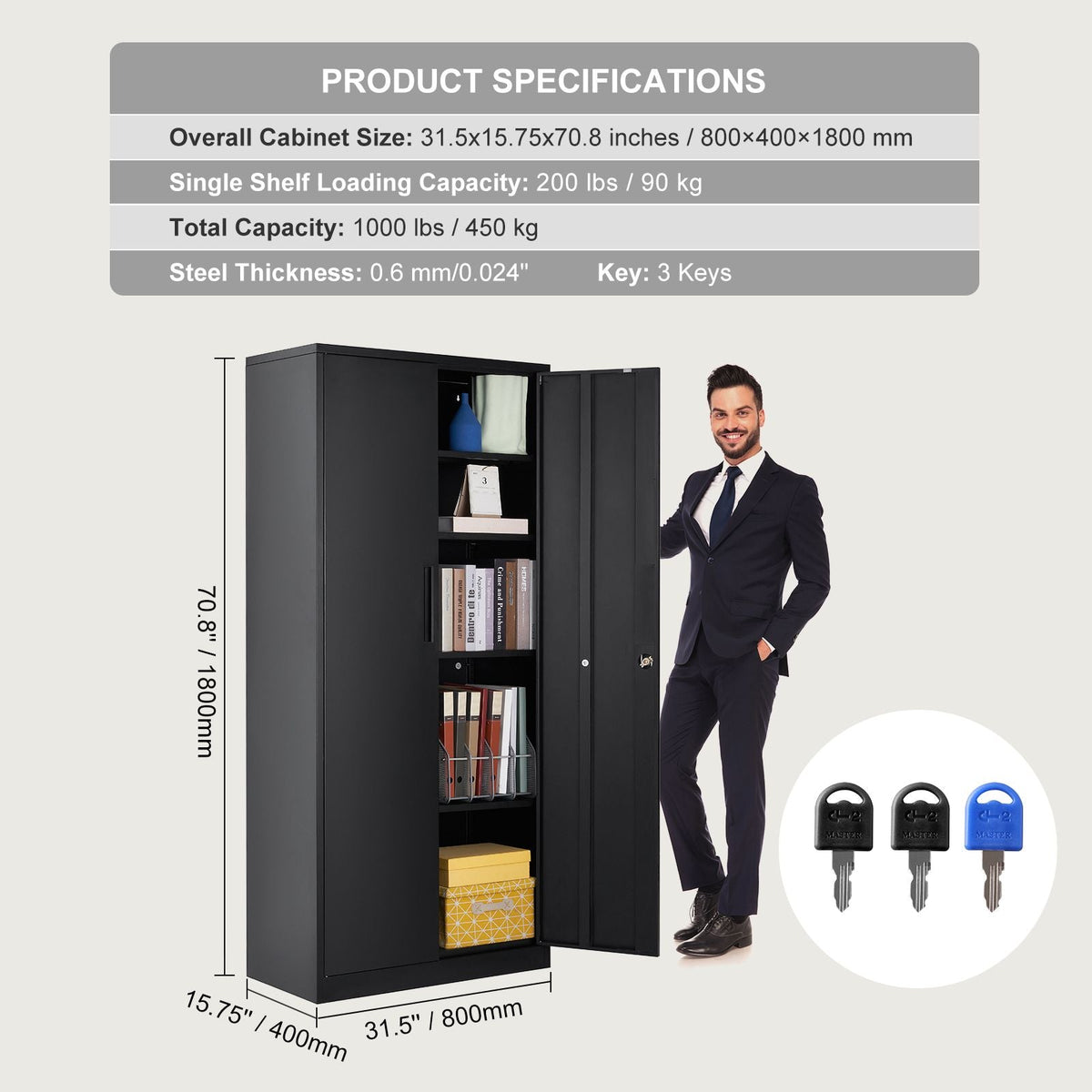 Metal Storage Cabinet, Steel Locking Storage Cabinet with 2 Magnetic Doors and 4 Adjustable Shelves, 71'' Metal Cabinet 200 lbs Capacity per Shelf with 3 Keys, for Office, Home, Garage, Black