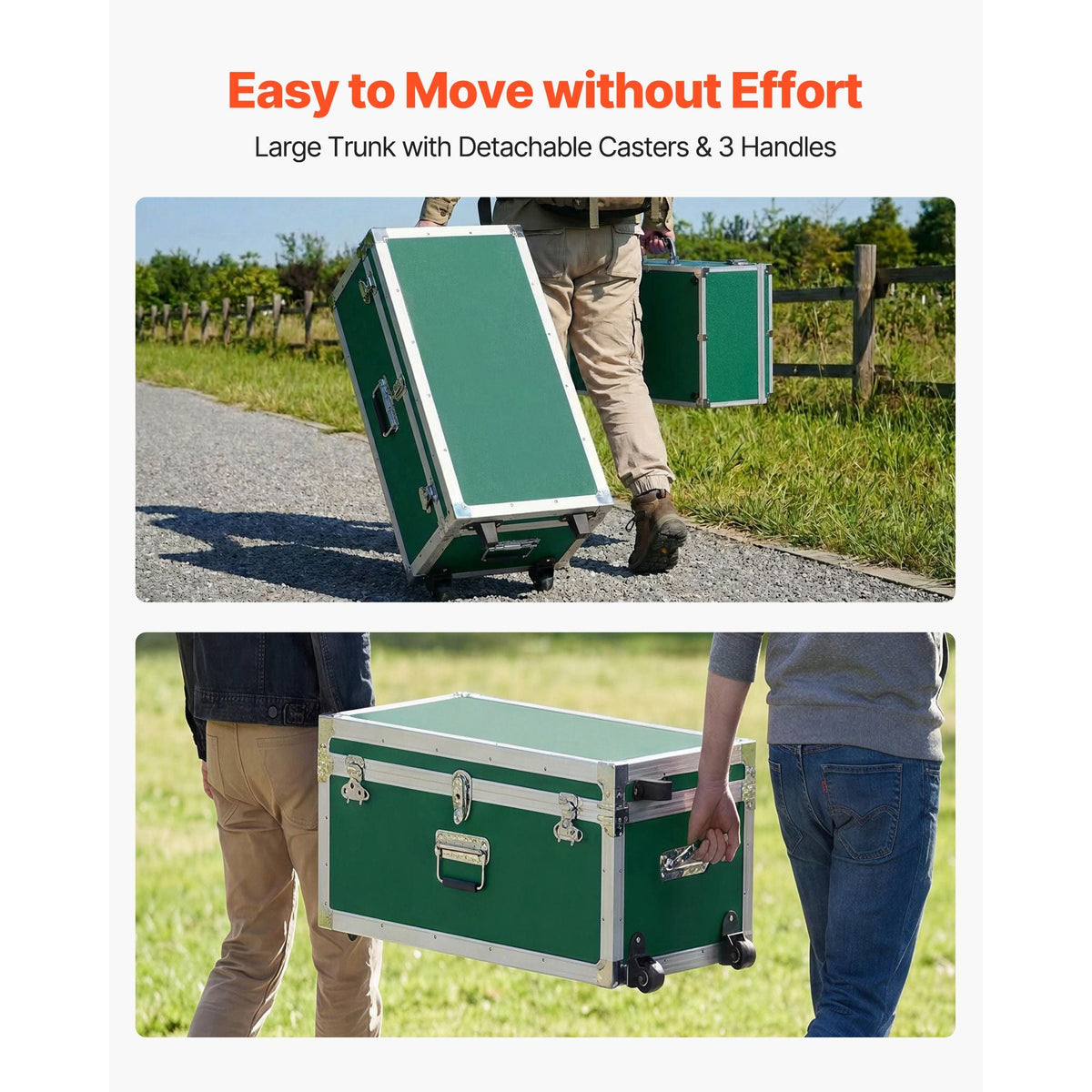 Metal Storage Trunk, Set of 2, Wooden Suitcase Storage Boxes with Padlocks, Large Trunk Includes Casters & 3 Metal Handles, Decorative Store Chest with Lids for Travel, Apartment, Dorm, Green