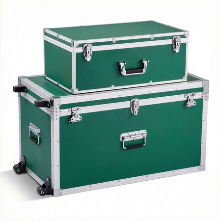 Metal Storage Trunk, Set of 2, Wooden Suitcase Storage Boxes with Padlocks, Large Trunk Includes Casters & 3 Metal Handles, Decorative Store Chest with Lids for Travel, Apartment, Dorm, Green