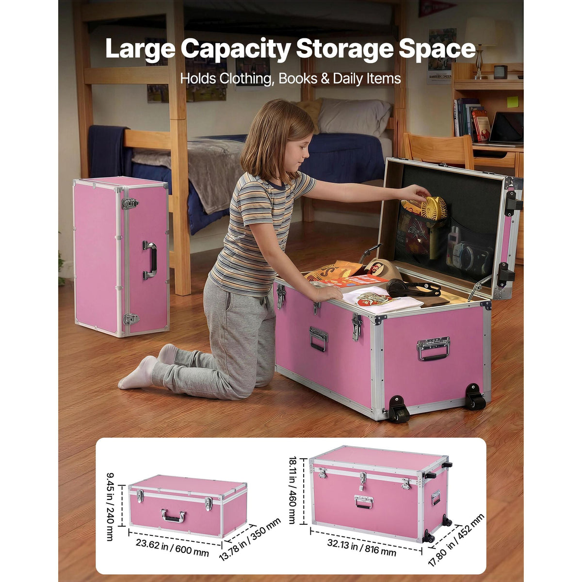 Metal Storage Trunk, Set of 2, Wooden Suitcase Storage Boxes with Padlocks, Large Trunk Includes Casters & 3 Metal Handles, Decorative Store Chest with Lids for Travel, Apartment, Dorm, Pink