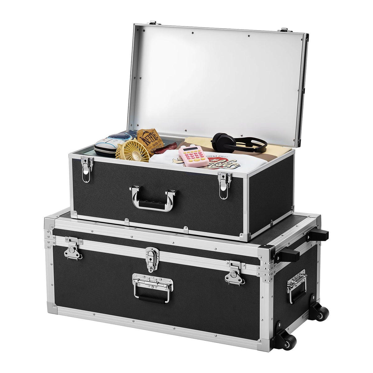 Metal Storage Trunk, Set of 2, Wooden Suitcase Storage Boxes with Padlocks, Large Trunk Includes Casters and 3 Metal Handles, Decorative Store Chest with Lids for Travel, Apartment, Dorm, Black