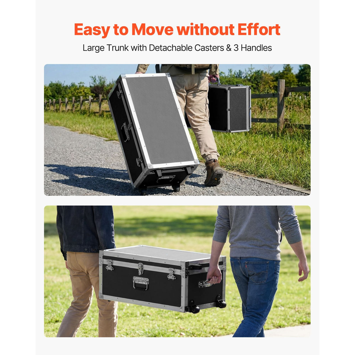 Metal Storage Trunk, Set of 2, Wooden Suitcase Storage Boxes with Padlocks, Large Trunk Includes Casters and 3 Metal Handles, Decorative Store Chest with Lids for Travel, Apartment, Dorm, Black