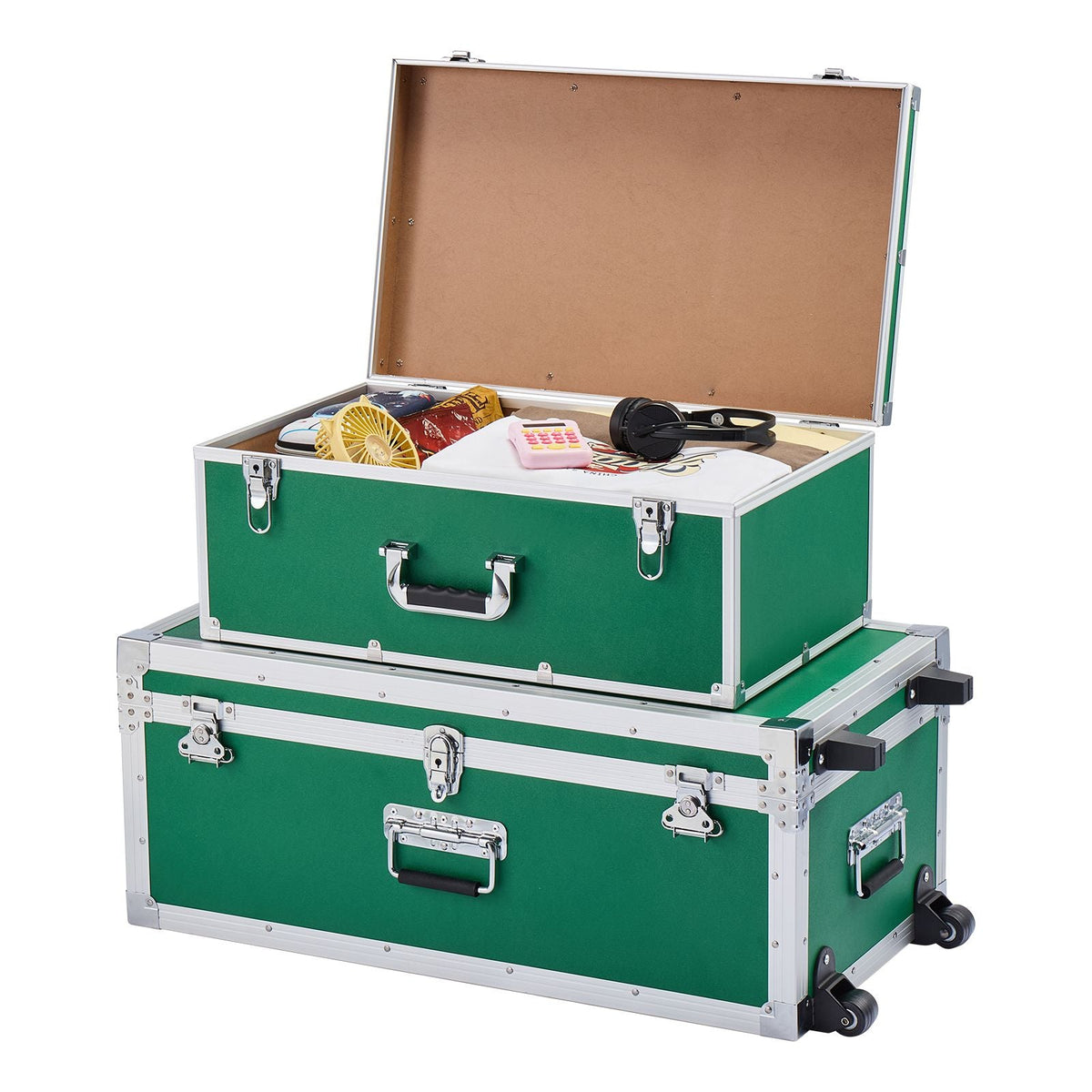Metal Storage Trunk, Set of 2, Wooden Suitcase Storage Boxes with Padlocks, Large Trunk Includes Casters and 3 Metal Handles, Decorative Store Chest with Lids for Travel, Apartment, Dorm, Green