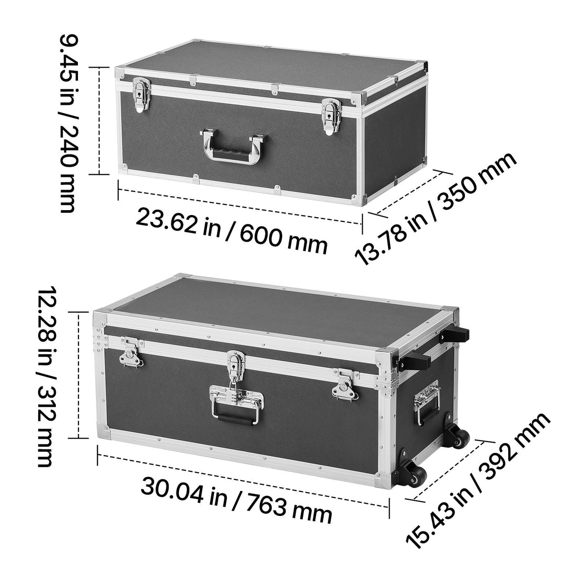 Metal Storage Trunk, Set of 2, Wooden Suitcase Storage Boxes with Padlocks, Large Trunk Includes Casters and 3 Metal Handles, Decorative Store Chest with Lids for Travel, Apartment, Dorm, Gray
