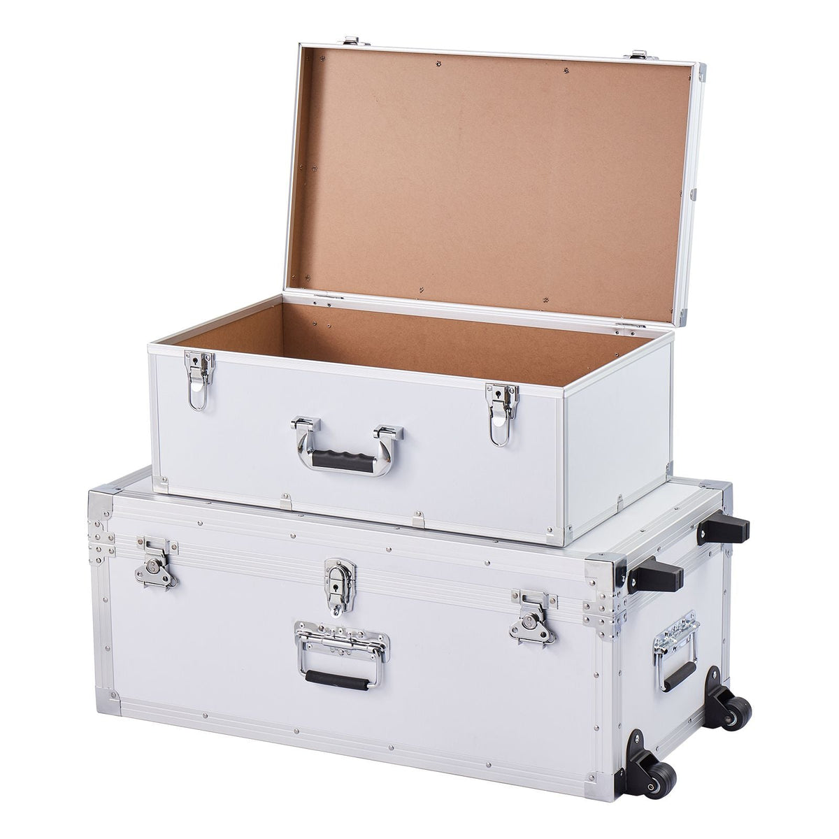 Metal Storage Trunk, Set of 2, Wooden Suitcase Storage Boxes with Padlocks, Large Trunk Includes Casters and 3 Metal Handles, Decorative Store Chest with Lids for Travel, Apartment, Dorm, White