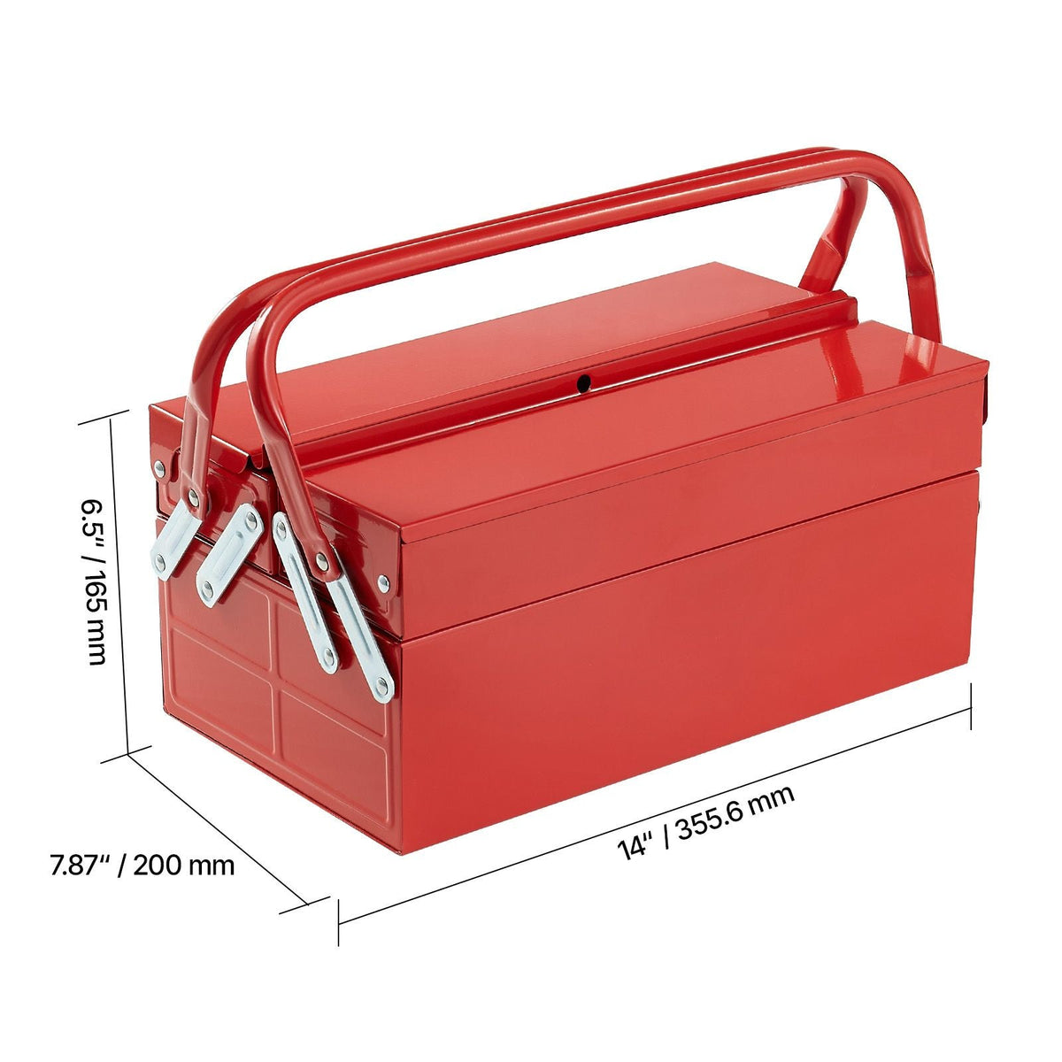 Metal Tool Box, 14-inch, 2-Tier 3-Tray Portable Folding Tool Chest Organizer with Handle & Lock Hole, Powder Coated Steel, Cantilever Toolbox for Household Factory Warehouse Repair Shop, Red