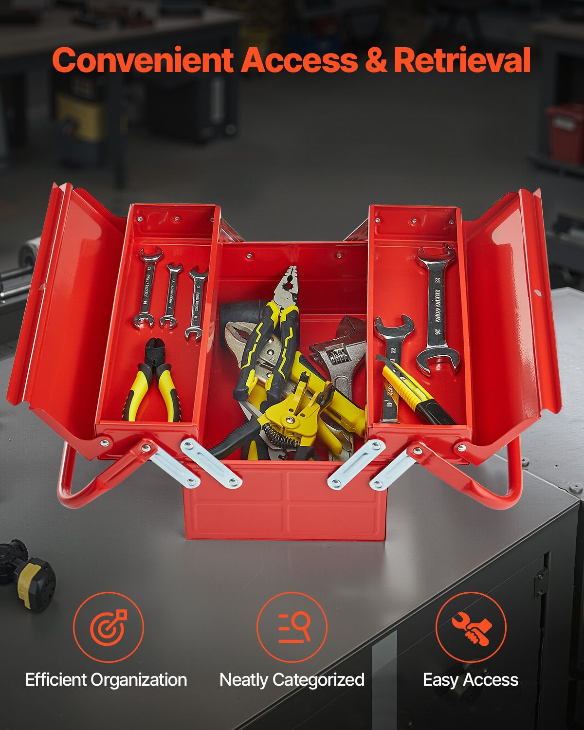 Metal Tool Box, 14-inch, 2-Tier 3-Tray Portable Folding Tool Chest Organizer with Handle & Lock Hole, Powder Coated Steel, Cantilever Toolbox for Household Factory Warehouse Repair Shop, Red
