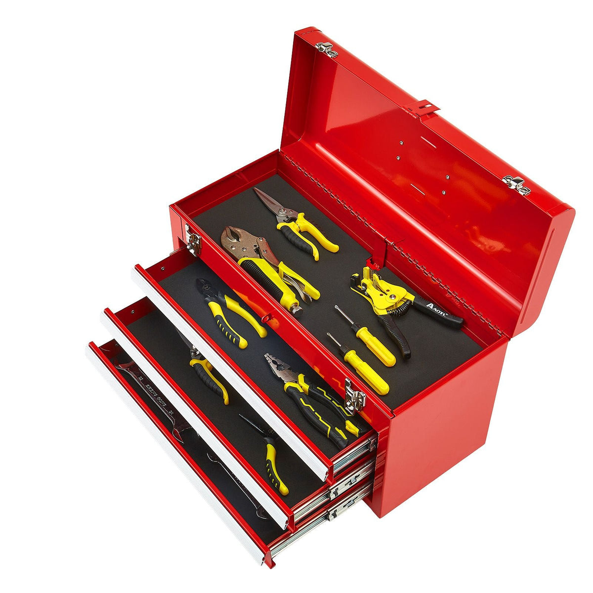 Metal Tool Box, 20.5-inch, Portable Metal Tool Box with 3 Drawers, Small Tool Chest with EVA Liners, Ball Bearing Slide Drawers Locking & Powder Coated Finish, Multi-Function Tool Organizer, Red