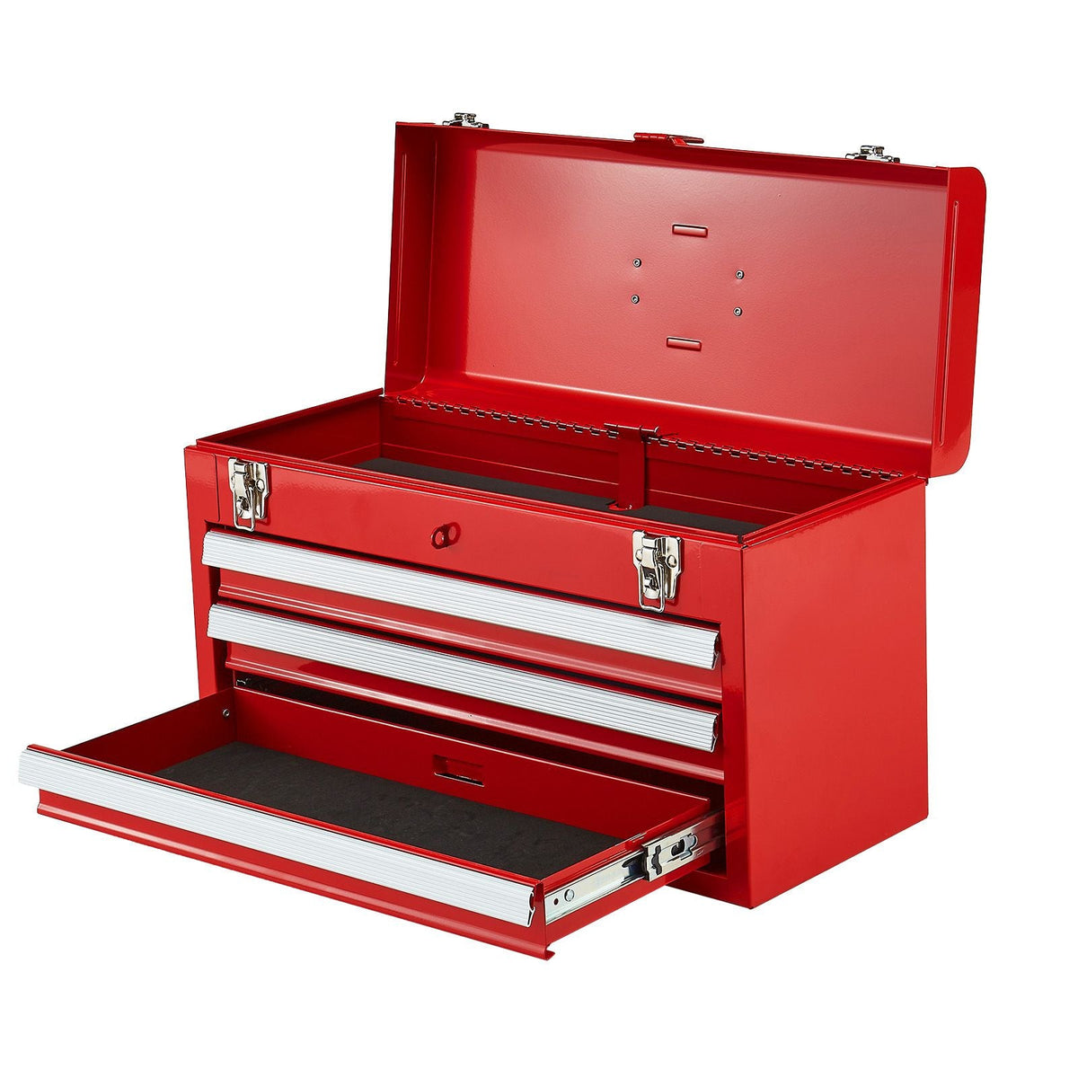 Metal Tool Box, 20.5-inch, Portable Metal Tool Box with 3 Drawers, Small Tool Chest with EVA Liners, Ball Bearing Slide Drawers Locking & Powder Coated Finish, Multi-Function Tool Organizer, Red