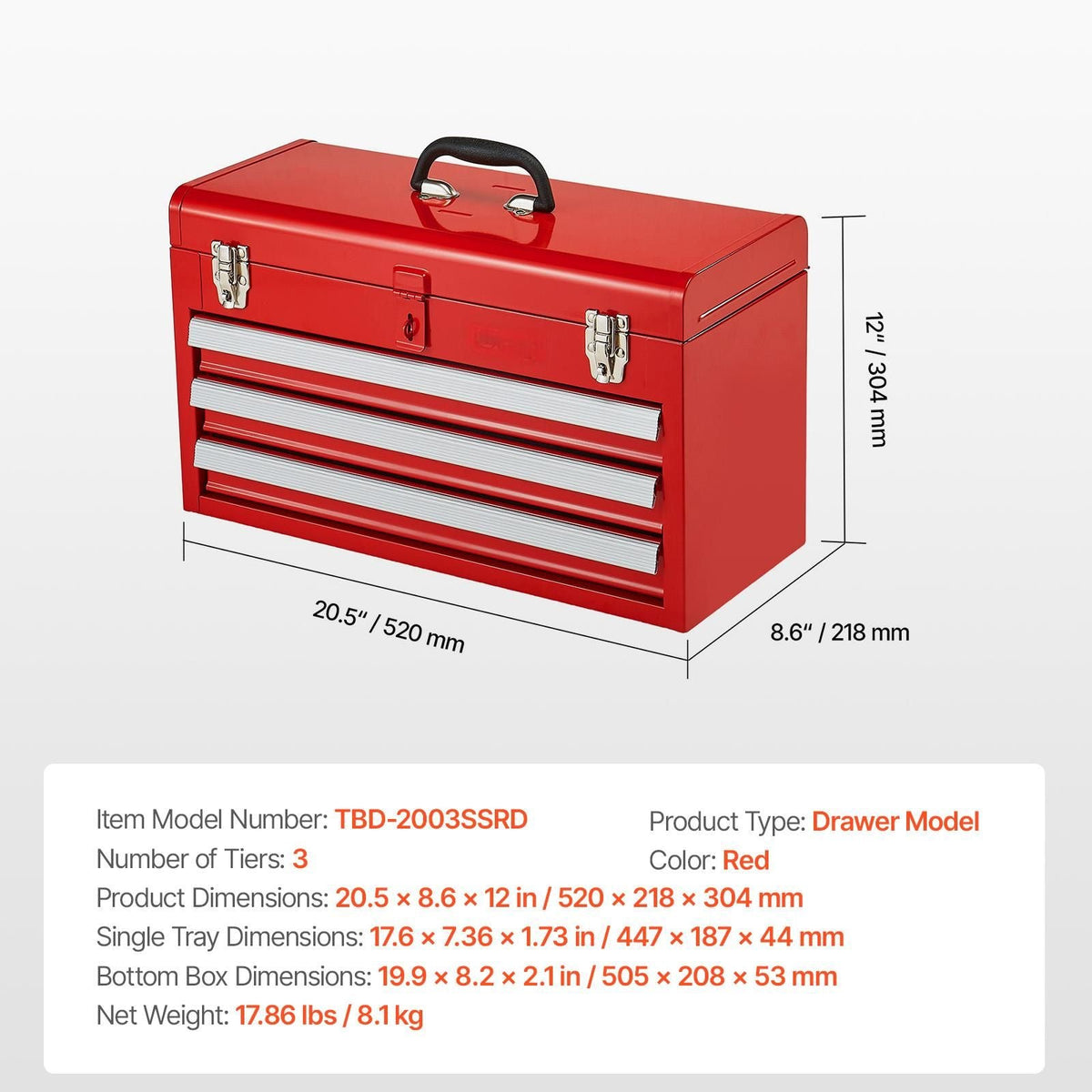 Metal Tool Box, 20.5-inch, Portable Metal Tool Box with 3 Drawers, Small Tool Chest with EVA Liners, Ball Bearing Slide Drawers Locking & Powder Coated Finish, Multi-Function Tool Organizer, Red