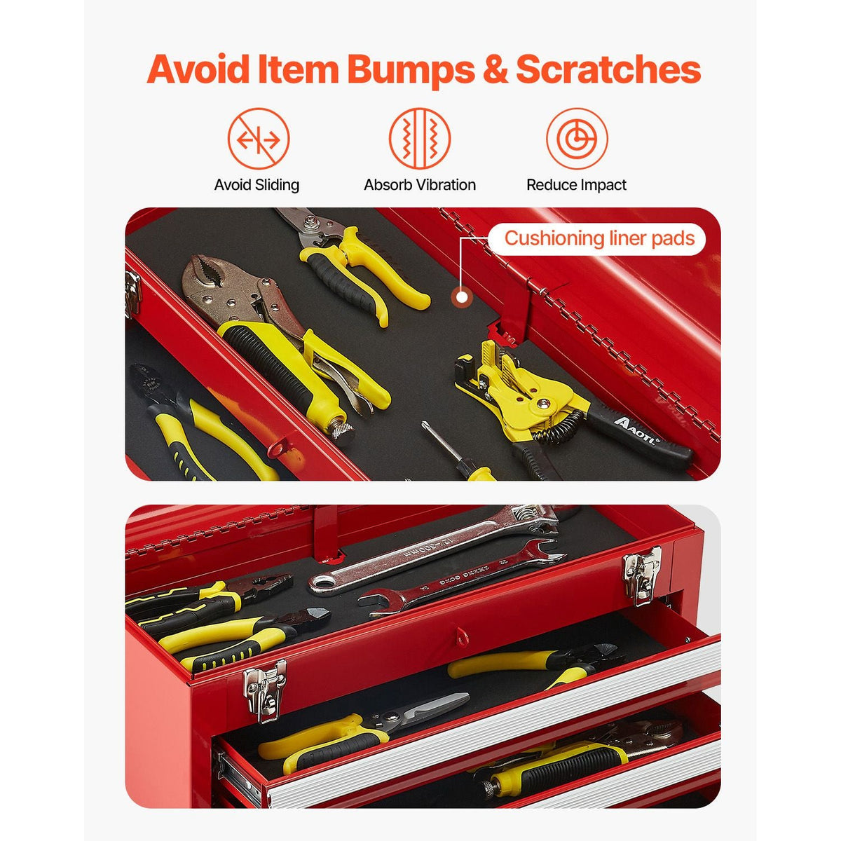 Metal Tool Box, 20.5-inch, Portable Metal Tool Box with 3 Drawers, Small Tool Chest with EVA Liners, Ball Bearing Slide Drawers Locking & Powder Coated Finish, Multi-Function Tool Organizer, Red