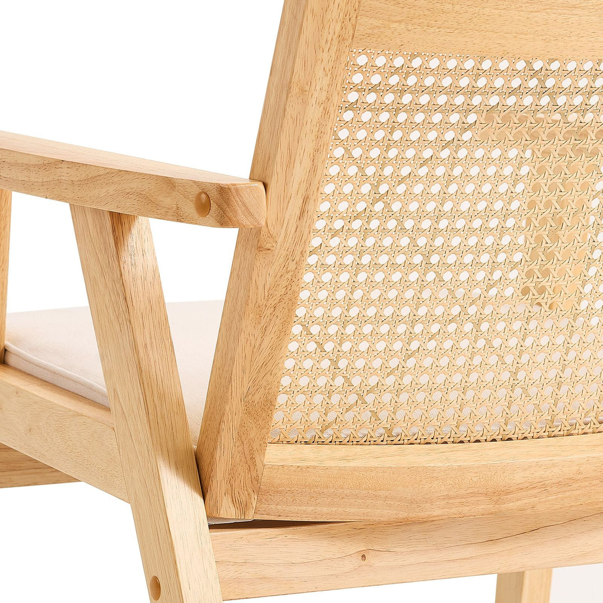 Mid Century Modern Rattan Chair, Upholstered Velvet Accent Chair with Rattan Back, Retro Living Room Chair for Living Room, Bedroom, Reading Room, and Office, Beige
