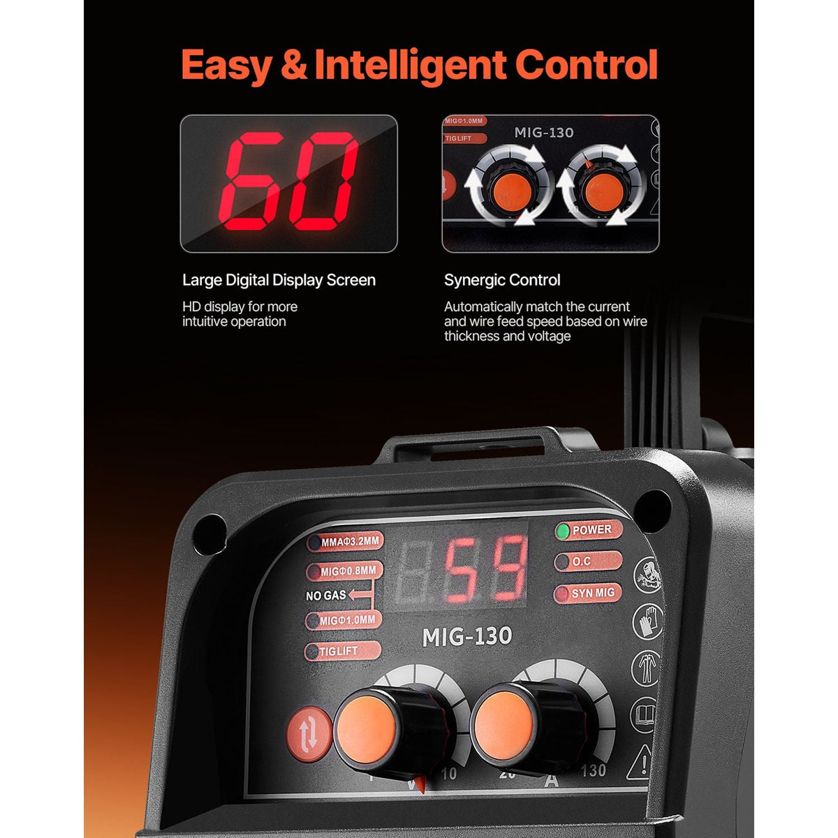 MIG Welder, 130Amp Synergic Mig Welding Machine, 3-in-1 Flux Core MIG/Stick/Lift TIG Multi-Process Welder Machine, 110V Portable Mig Welder with IGBT Inverter Technology & Digital Display Screen