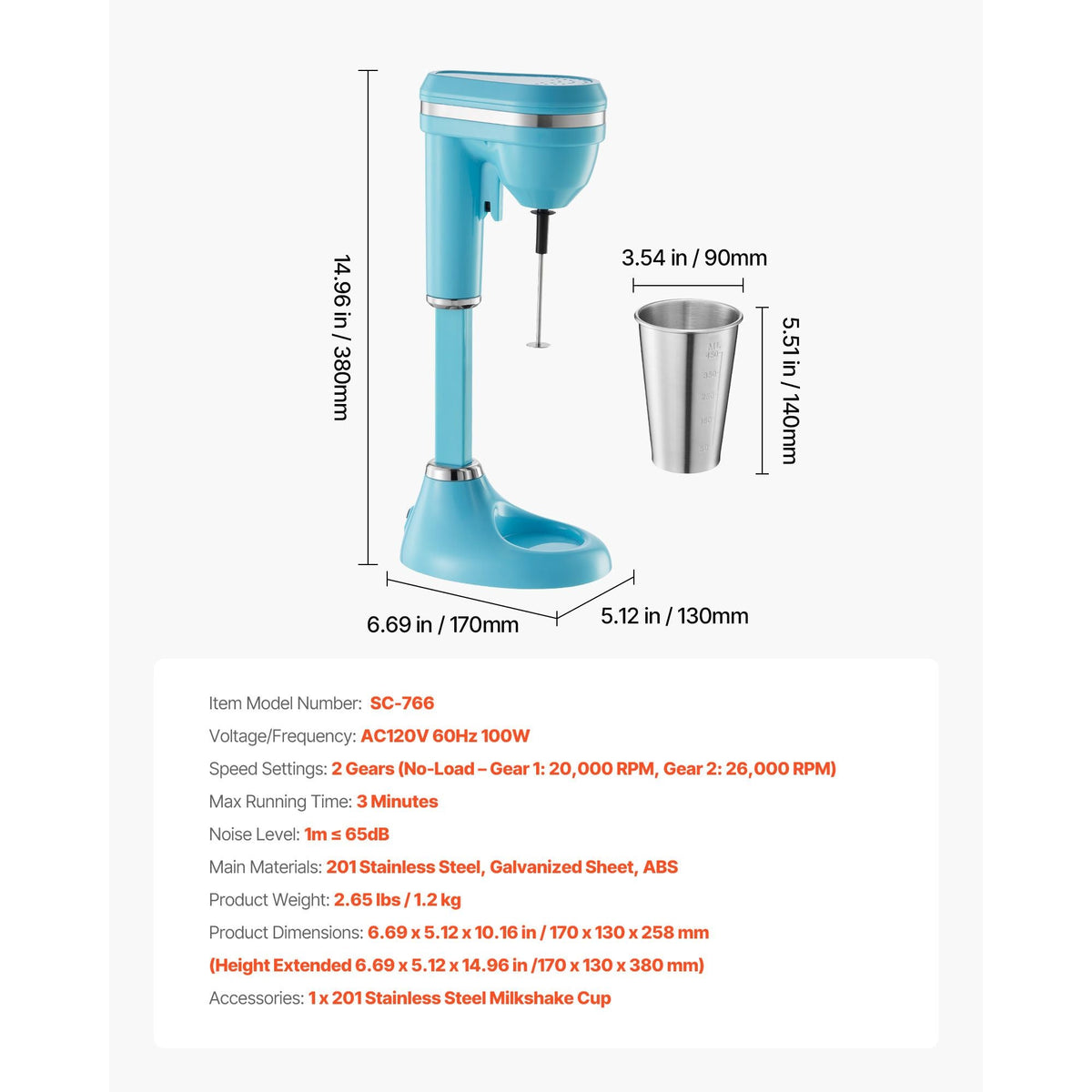 Milkshake Maker, 100W Milk Shake Maker Mixer, Single Head Drink Mixer Blender Machine, Dual-Speed Adjustment Milkshake Blender with Stainless Steel Cup, for Home, Kitchen, Bar & Beverage Shop