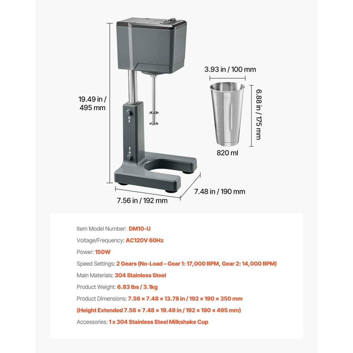 Milkshake Maker, 150W Milk Shake Maker Mixer, Single Head Drink Mixer Blender Machine, Dual-Speed Adjustment Milkshake Blender with Stainless Steel Cup, for Home, Kitchen, Bar & Beverage Shop