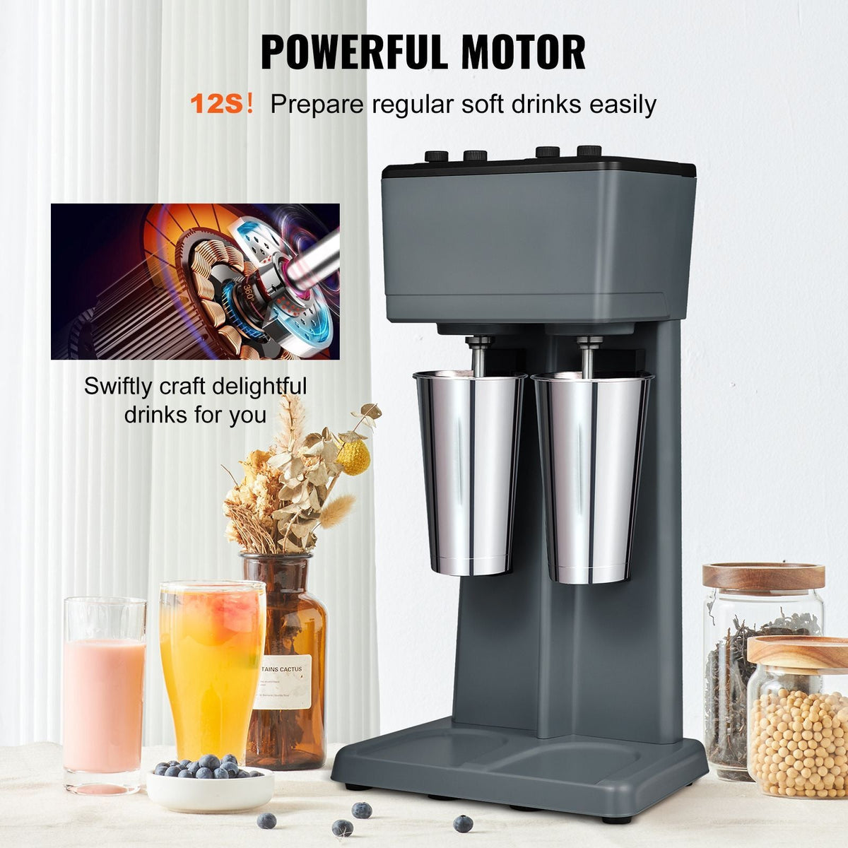 Milkshake Maker, 375W x 2 Electric Milkshake Machine, Double Heads Drink Mixer Blender Machine, 3-Speed Milkshake Mixer with 2 x 820 ml Stainless Steel Cups, for Commercial and Home
