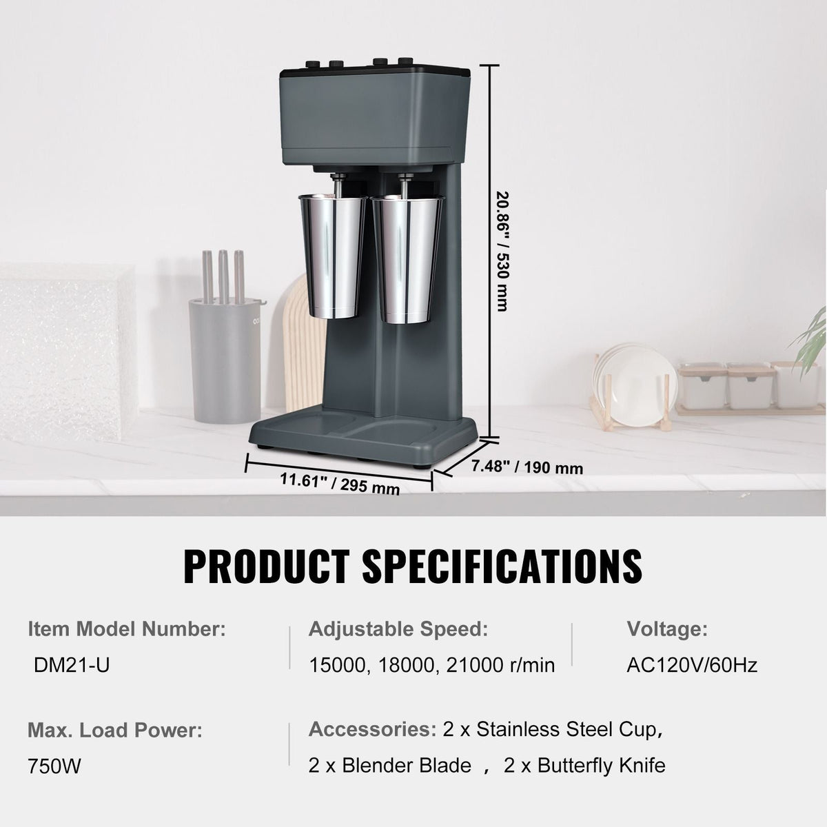 Milkshake Maker, 375W x 2 Electric Milkshake Machine, Double Heads Drink Mixer Blender Machine, 3-Speed Milkshake Mixer with 2 x 820 ml Stainless Steel Cups, for Commercial and Home