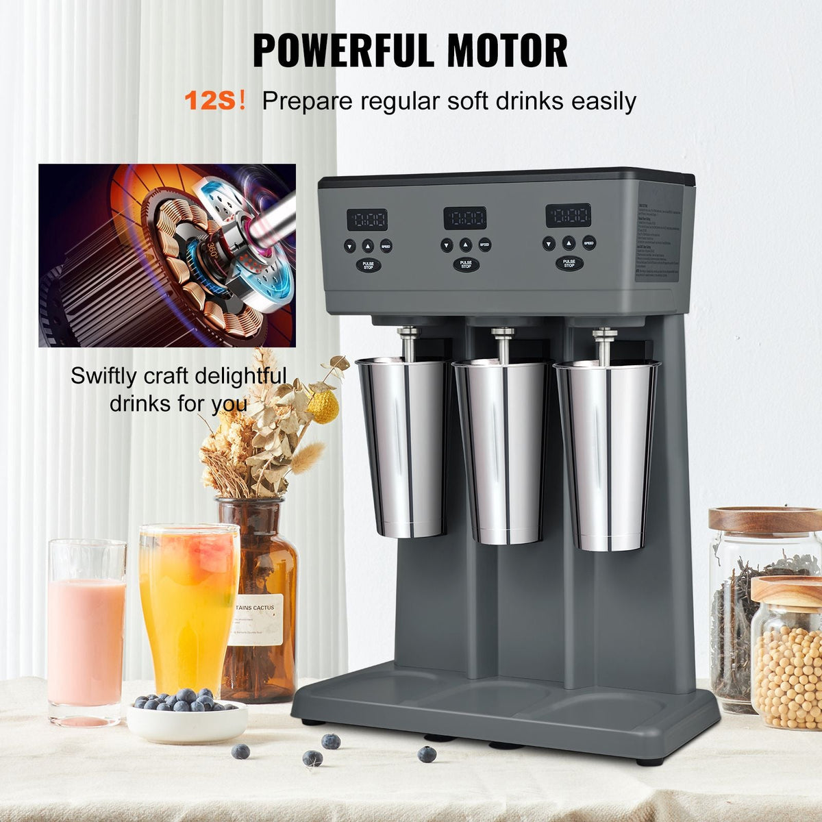 Milkshake Maker, 375W x 3 Electric Milkshake Machine, Commercial Triple Heads Drink Mixer Blender, LED Intelligent Microswitch, 3-Speed Milkshake Mixer with 3 x 820 ml Stainless Steel Cups