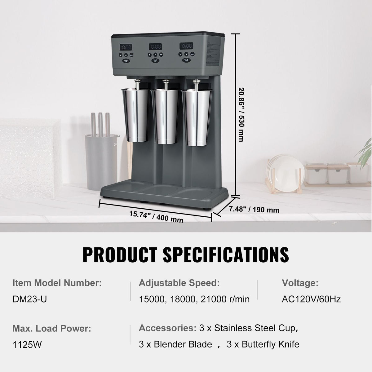 Milkshake Maker, 375W x 3 Electric Milkshake Machine, Commercial Triple Heads Drink Mixer Blender, LED Intelligent Microswitch, 3-Speed Milkshake Mixer with 3 x 820 ml Stainless Steel Cups