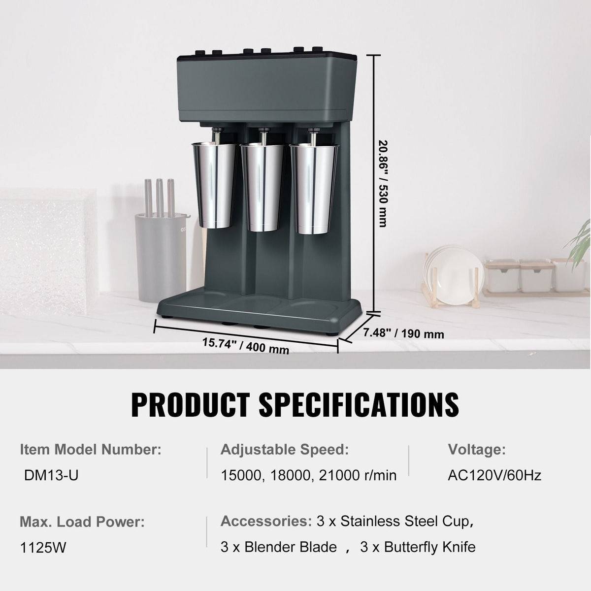 Milkshake Maker, 375W x 3 Electric Milkshake Machine, Triple Heads Drink Mixer Blender Machine, 3-Speed Milkshake Mixer with 3 x 820 ml Stainless Steel Cups, for Commercial and Home
