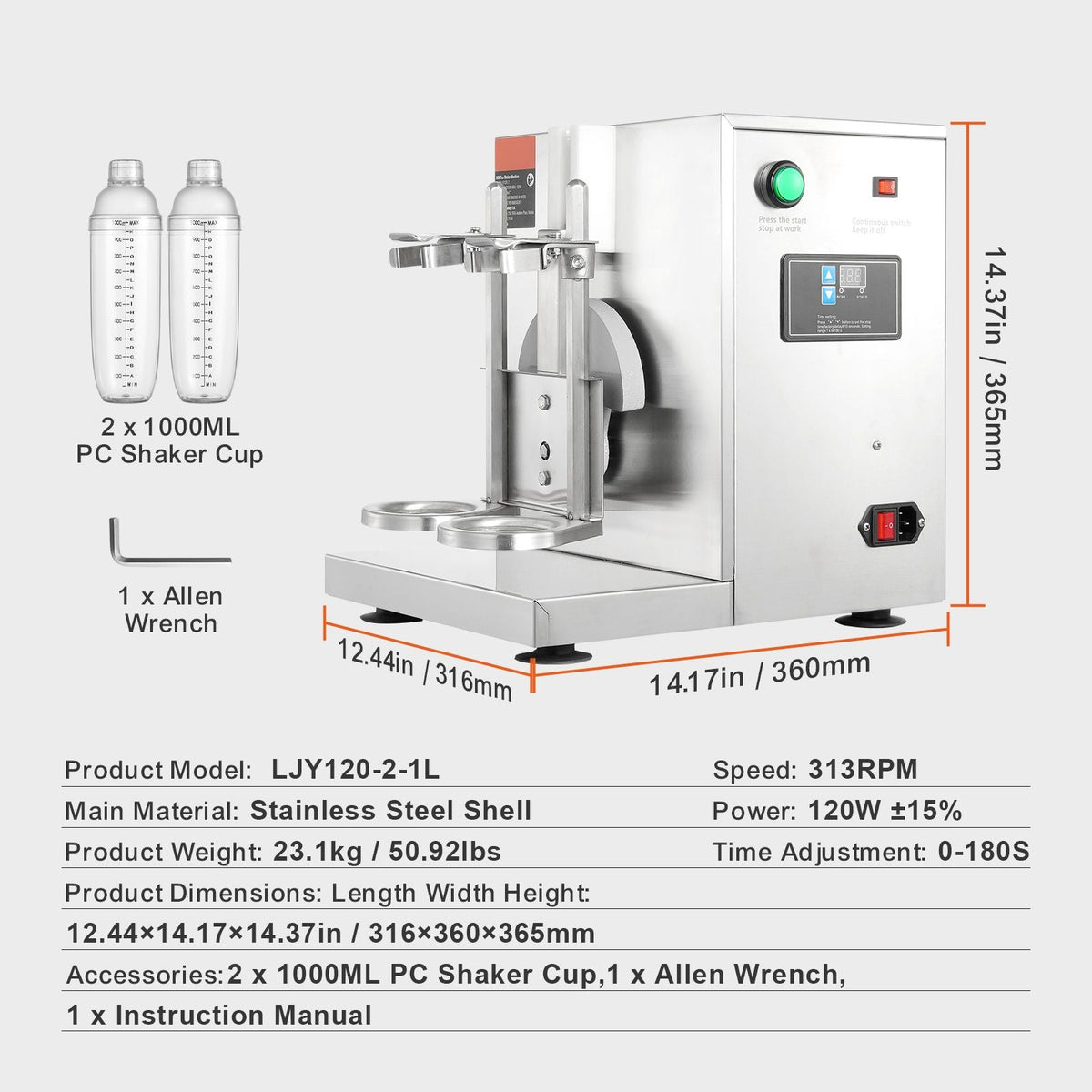 Milkshake Maker Machine, 120W Commercial Milk Tea Shaker Machine, Double Head Milk Shake Mixer Machine, 0-180s Adjustable Milkshake Blender, with 1 L PC Cup, for Milk Tea Store
