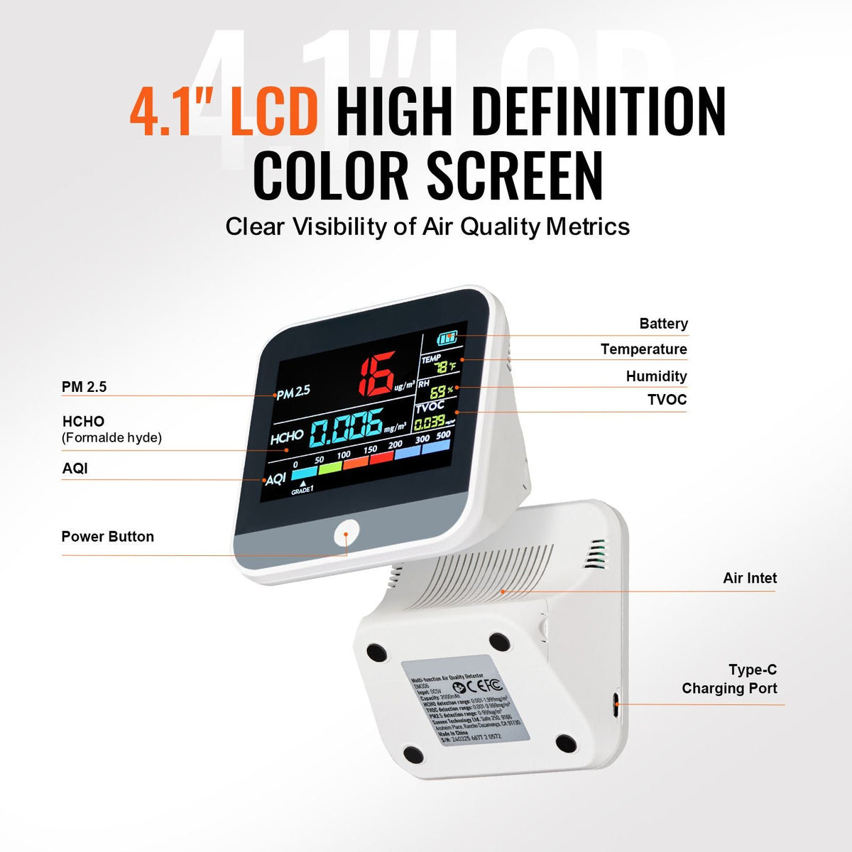 Mini Air Quality Monitor 8-IN-1, Professional PM2.5 PM10 PM1.0 Particle Counter, Formaldehyde, Temperature, Humidity, TVOC AQI Tester for Indoor/Outdoor, Air Quality Meter w/Alarm Thresholds