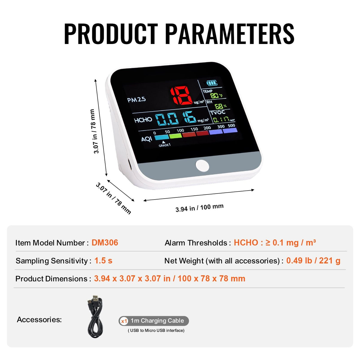Mini Air Quality Monitor 8-IN-1, Professional PM2.5 PM10 PM1.0 Particle Counter, Formaldehyde, Temperature, Humidity, TVOC AQI Tester for Indoor/Outdoor, Air Quality Meter w/Alarm Thresholds