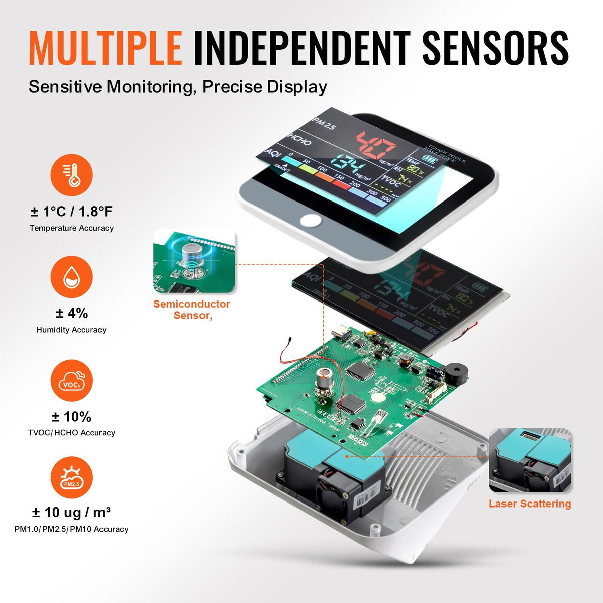 Mini Air Quality Monitor 8-IN-1, Professional PM2.5 PM10 PM1.0 Particle Counter, Formaldehyde, Temperature, Humidity, TVOC AQI Tester for Indoor/Outdoor, Air Quality Meter w/Alarm Thresholds