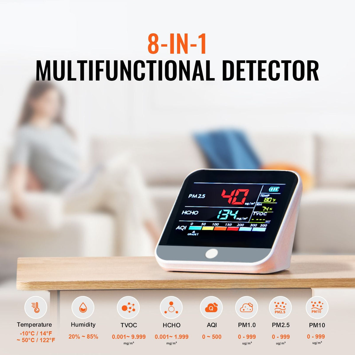 Mini Air Quality Monitor 8-IN-1, Professional PM2.5 PM10 PM1.0 Particle Counter, Formaldehyde, Temperature, Humidity, TVOC AQI Tester for Indoor/Outdoor, Air Quality Meter w/Alarm Thresholds