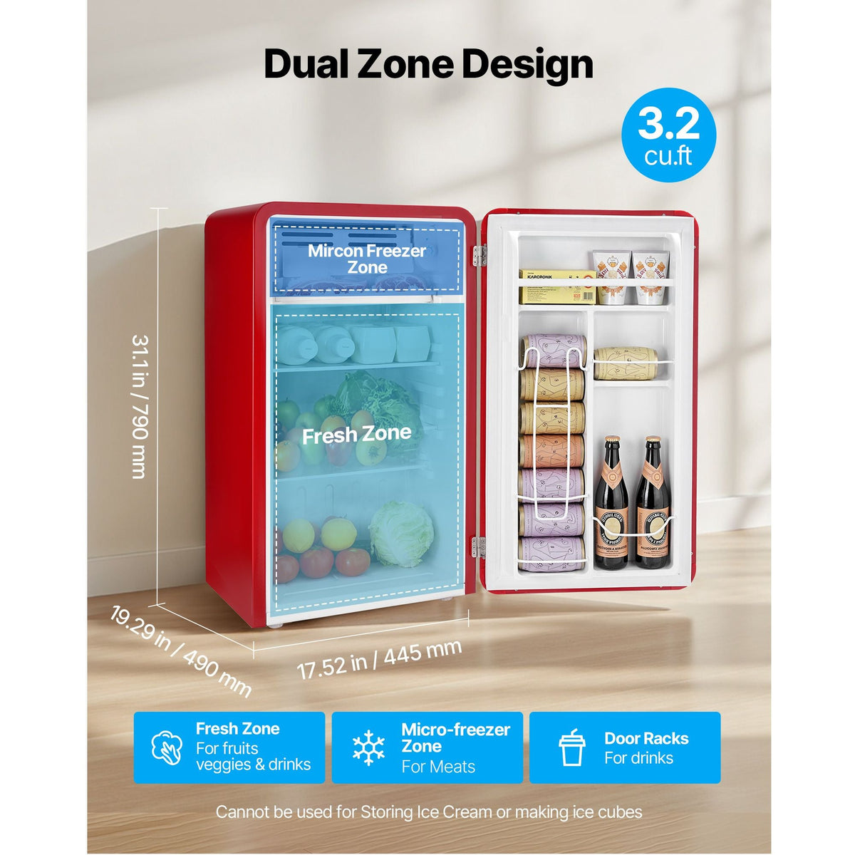 Mini Fridge, 3.2 Cu.Ft, Single Door Compact Refrigerator with Adjustable Temperature, Glass Shelf, Energy Efficient Dorm Fridge, Low Noise Small Refrigerator, for Bedroom, Office, Dorm, Red