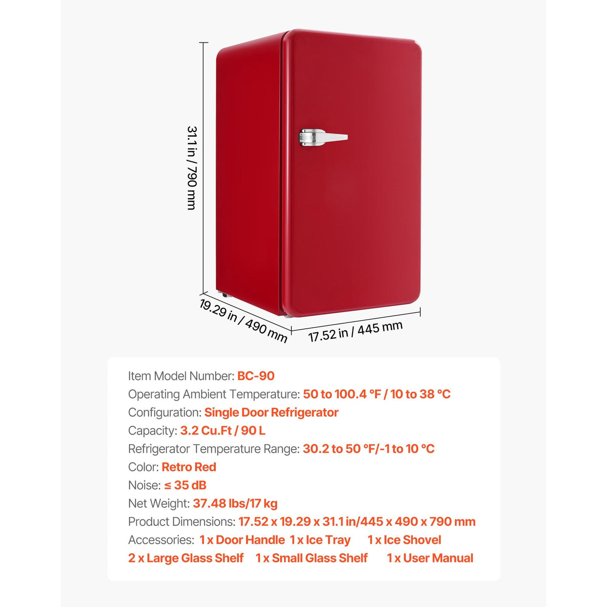 Mini Fridge, 3.2 Cu.Ft, Single Door Compact Refrigerator with Adjustable Temperature, Glass Shelf, Energy Efficient Dorm Fridge, Low Noise Small Refrigerator, for Bedroom, Office, Dorm, Red
