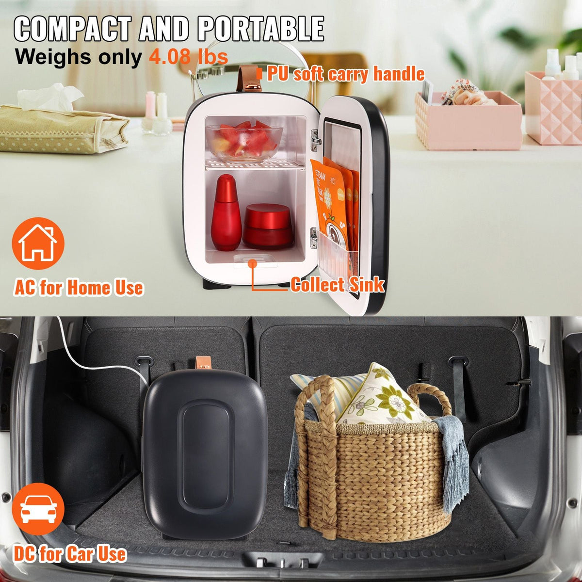Mini Fridge, 4 Liter/6 Can Small Refrigerator for Beverage Skincare & Cosmetic, AC/DC Cooler & Warmer, Mute Portable Tiny Fridge for Bedroom Office Dorm Desk Car Travel, ETL Certified, Black