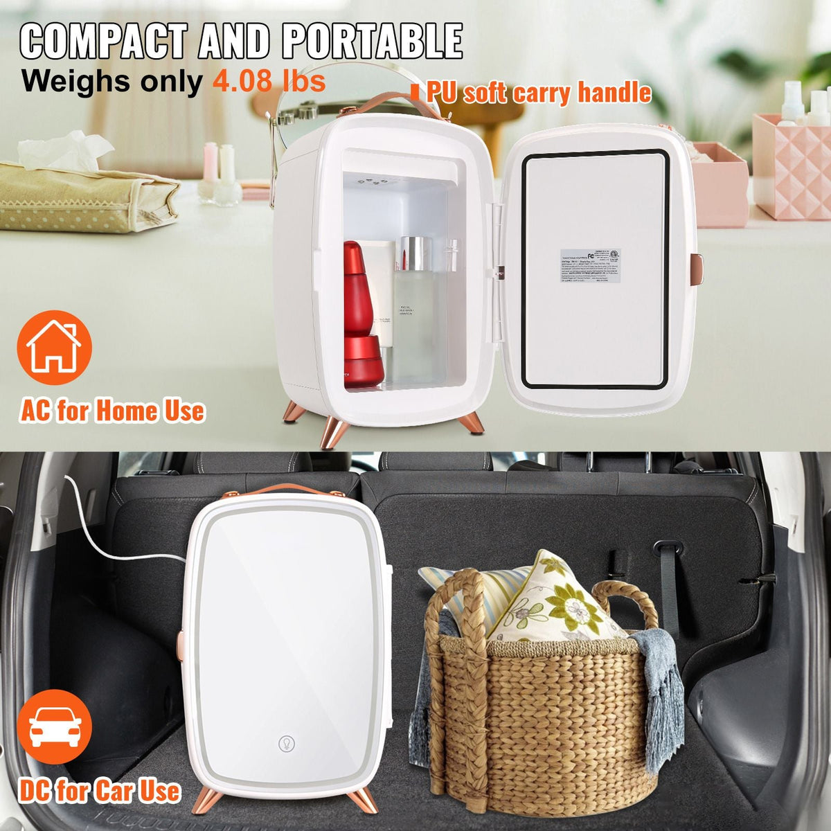 Mini Fridge for Bedroom, 6L Luxury Skin Care Fridges with Mirror and LED Light, AC/DC Cosmetic Fridge for Office Dorm Car, Small Makeup Refrigerator for Beauty Face Mask Beverage Chill, White