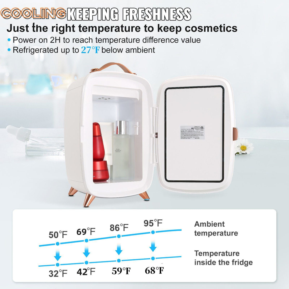 Mini Fridge for Bedroom, 6L Luxury Skin Care Fridges with Mirror and LED Light, AC/DC Cosmetic Fridge for Office Dorm Car, Small Makeup Refrigerator for Beauty Face Mask Beverage Chill, White