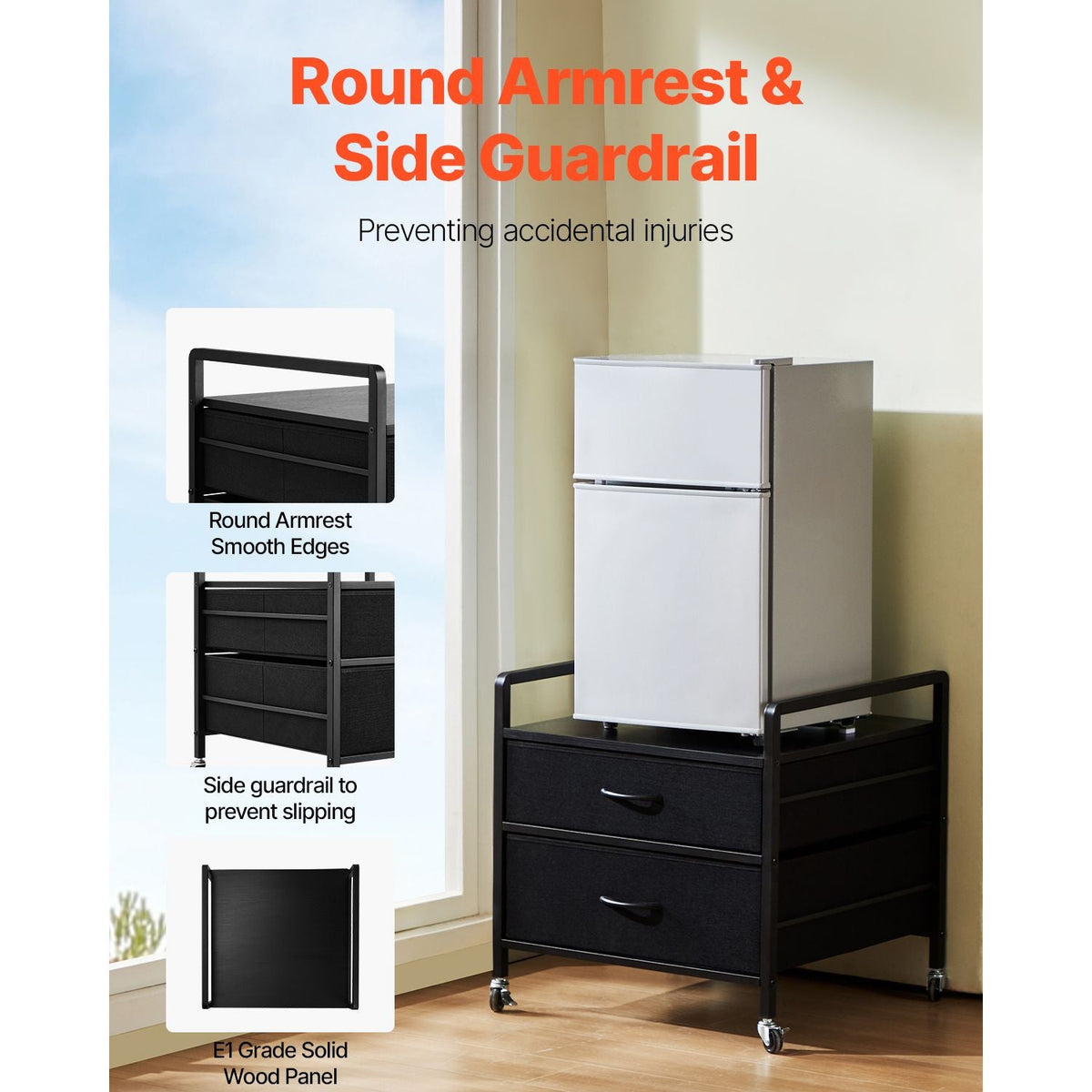Mini Fridge Stand with Storage, 176 lb-Capacity Mini Fridge Table with 2 Drawers & 4 Swivel Wheels, Mobile Mini Fridge Shelf, Black Mini Fridge Organizer for Dorm, Apartment, Office, Bedroom