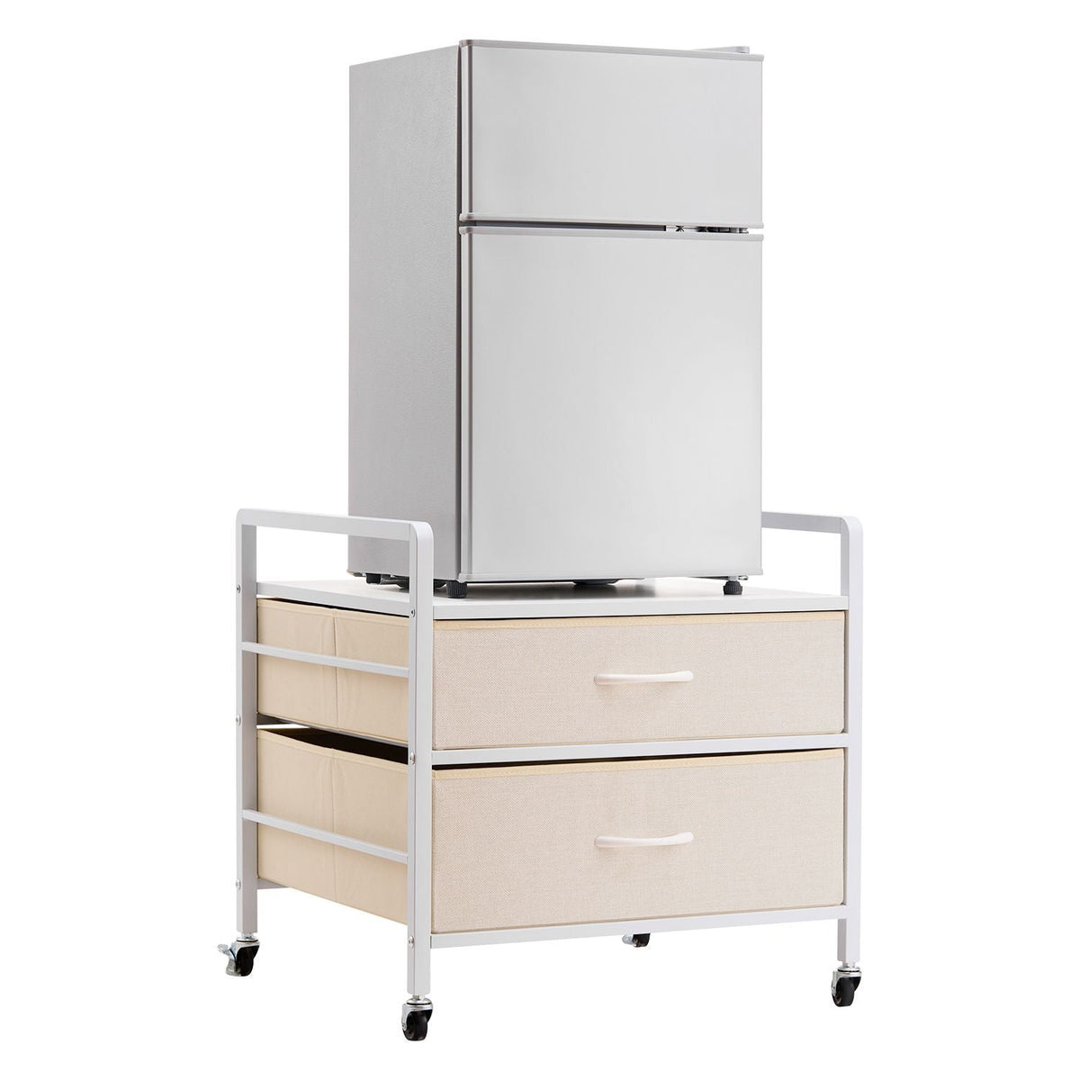 Mini Fridge Stand with Storage, 176 lb-Capacity Mini Fridge Table with 2 Drawers & 4 Swivel Wheels, Mobile Mini Fridge Shelf, White Mini Fridge Organizer for Dorm, Apartment, Office, Bedroom