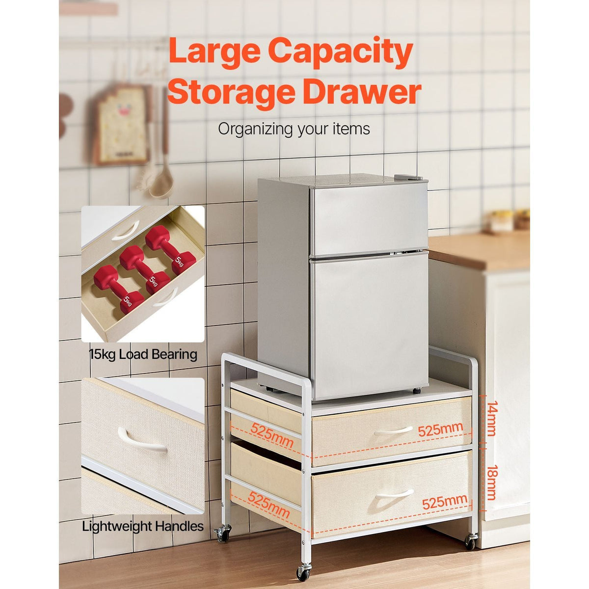 Mini Fridge Stand with Storage, 176 lb-Capacity Mini Fridge Table with 2 Drawers & 4 Swivel Wheels, Mobile Mini Fridge Shelf, White Mini Fridge Organizer for Dorm, Apartment, Office, Bedroom