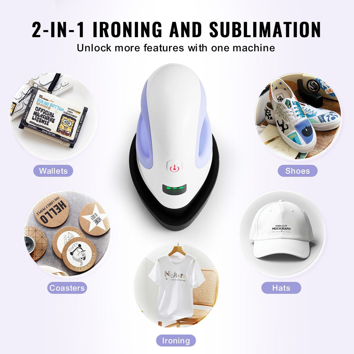 Mini Heat Press Machine, Small Heat Press with 3-Level Temperature Control and Auto-Off, Compact and Portable Heat Transfer Machine, Sublimation Machine for T-shirts/Hats/Coasters, Blue+White