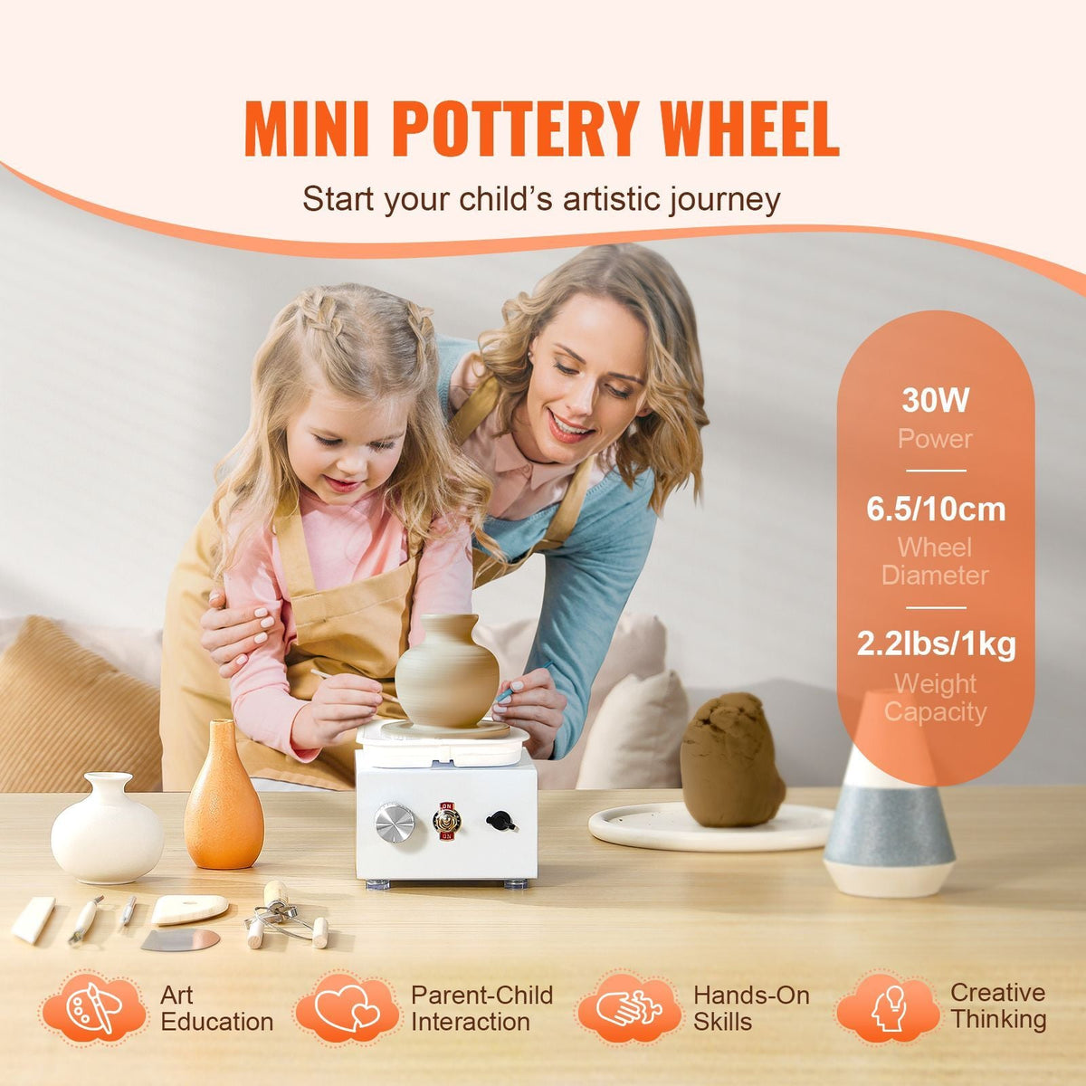 Mini Pottery Wheel, 0-320RPM Adjustable Speed Detachable Basin Forming Machine, 2.56in/3.94in 2 Turntables Electric Ceramic Wheel Machine, 18pcs Accessories, for Art Craft Work Home DIY, White