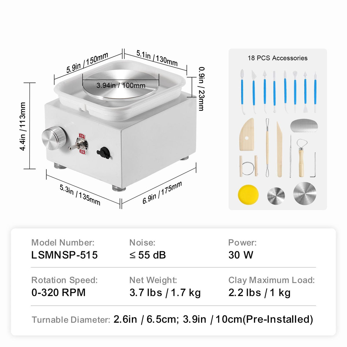 Mini Pottery Wheel, 0-320RPM Adjustable Speed Detachable Basin Forming Machine, 2.56in/3.94in 2 Turntables Electric Ceramic Wheel Machine, 18pcs Accessories, for Art Craft Work Home DIY, White