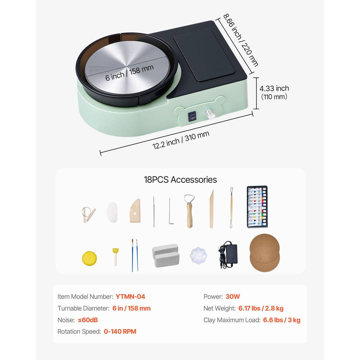 Mini Pottery Wheel, 6 inch Turntable, Forward and Reverse Rotation, Adjustable Speed, Electric Clay Wheel for Kids and Adults, with Clay Shaping Tools, for Home DIY, Pottery Classes, Green