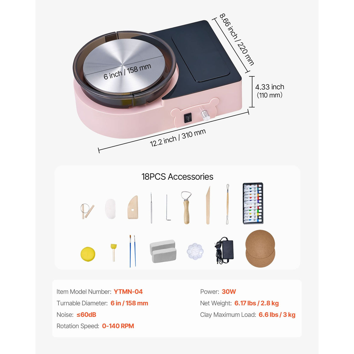 Mini Pottery Wheel, 6 inch Turntable, Forward and Reverse Rotation, Adjustable Speed, Electric Clay Wheel for Kids and Adults, with Clay Shaping Tools, for Home DIY, Pottery Classes, Pink