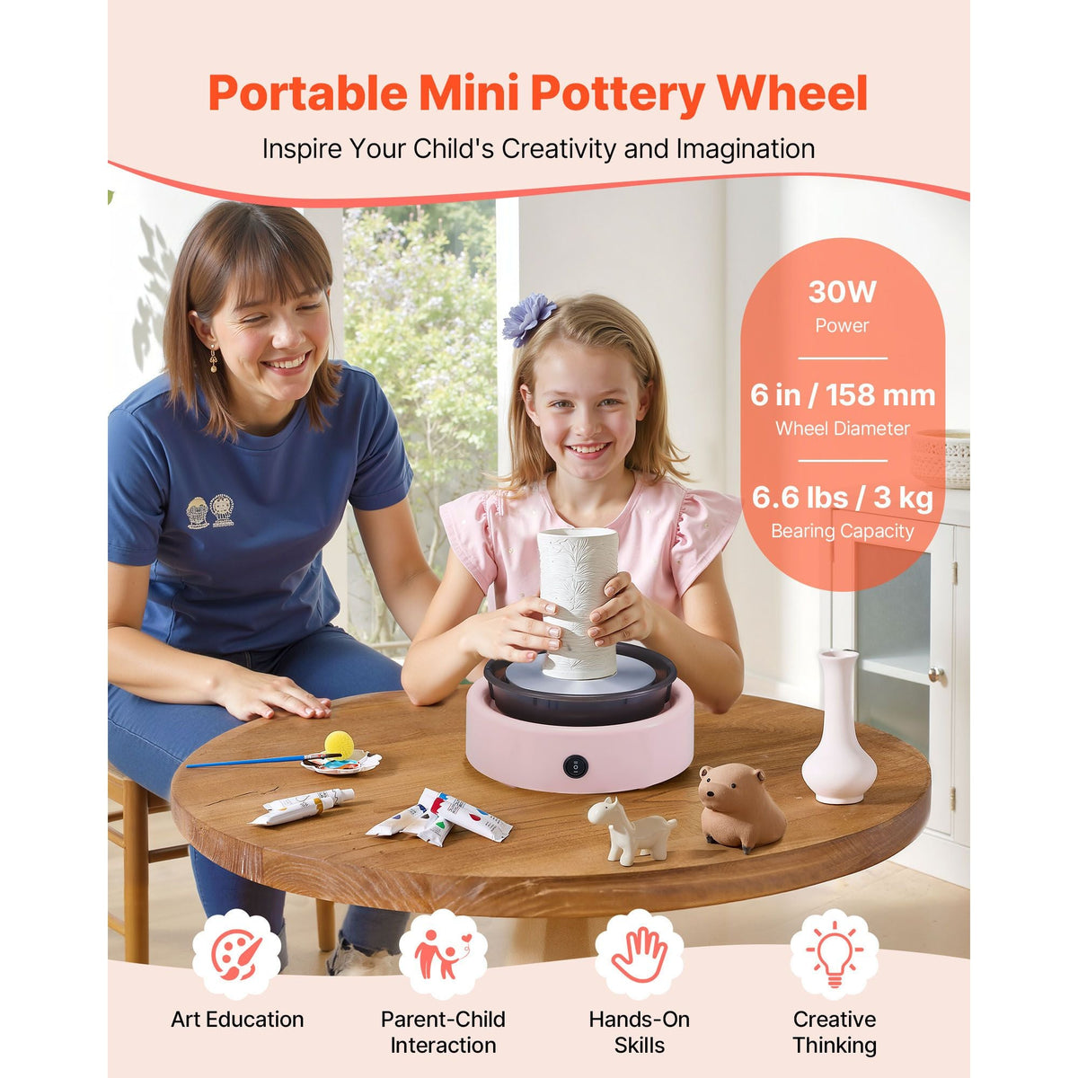 Mini Pottery Wheel, 6 inch Turntable, Forward and Reverse Rotation, Adjustable Speed, Electric Clay Wheel for Kids and Beginners, with Shaping Tools, for Home DIY, Pottery Classes, Pink