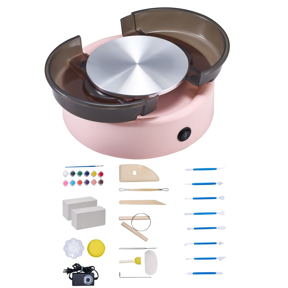 Mini Pottery Wheel, 6 inch Turntable, Forward and Reverse Rotation, Adjustable Speed, Electric Clay Wheel for Kids and Beginners, with Shaping Tools, for Home DIY, Pottery Classes, Pink