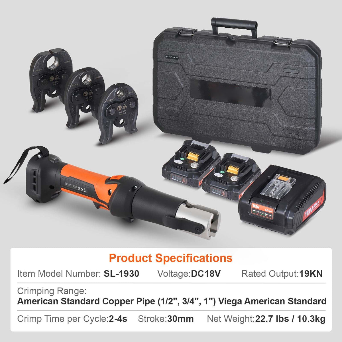 Mini ProPress Tool, 18V Electric Pipe Crimping Tool for 1/2", 3/4", 1" Copper Pipes, Press Tool Kit with 3 Pro Press Jaws, 2pcs 18V 2AH Battery, Fast Charger & Carrying Case