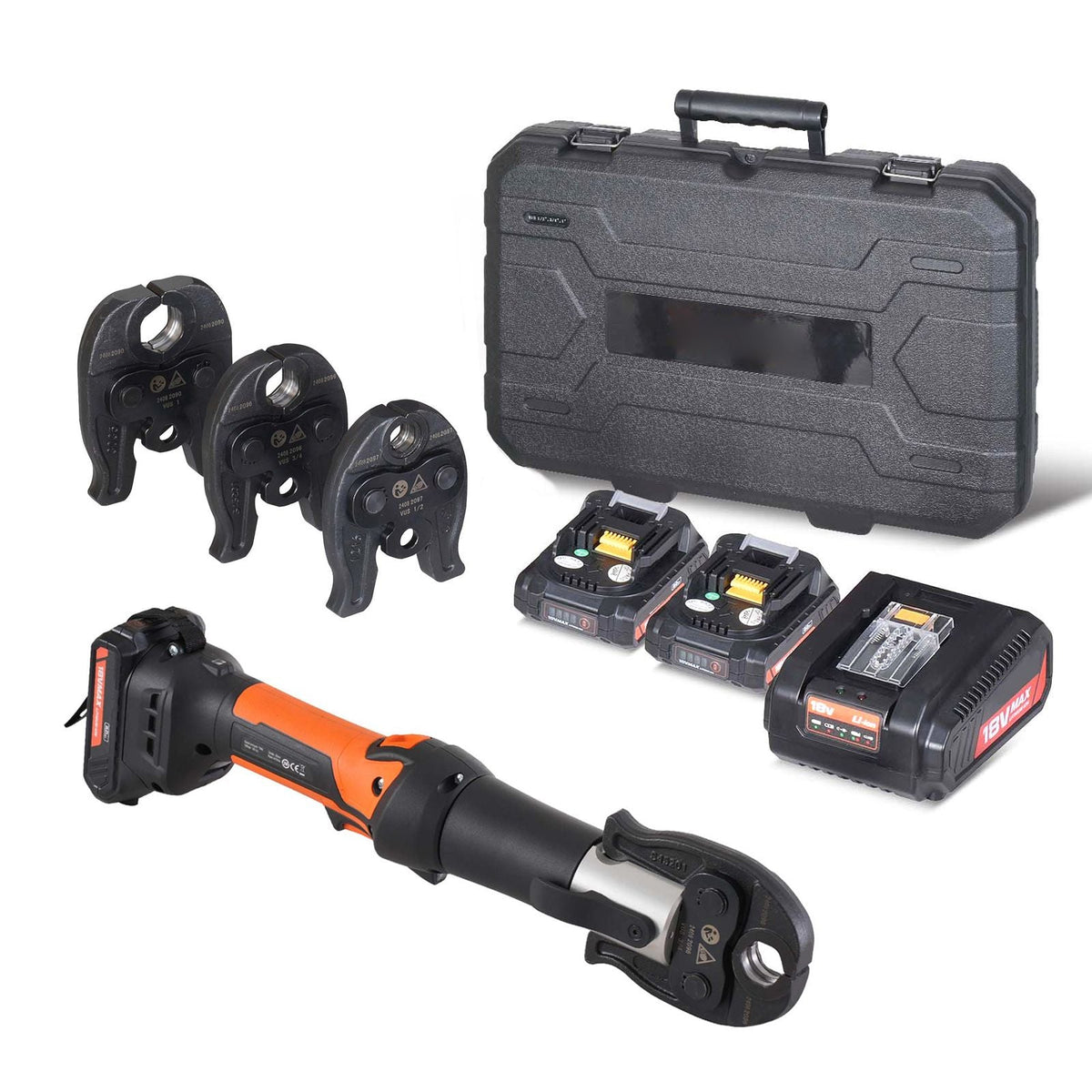 Mini ProPress Tool, 18V Electric Pipe Crimping Tool for 1/2", 3/4", 1" Copper Pipes, Press Tool Kit with 3 Pro Press Jaws, 2pcs 18V 2AH Battery, Fast Charger & Carrying Case