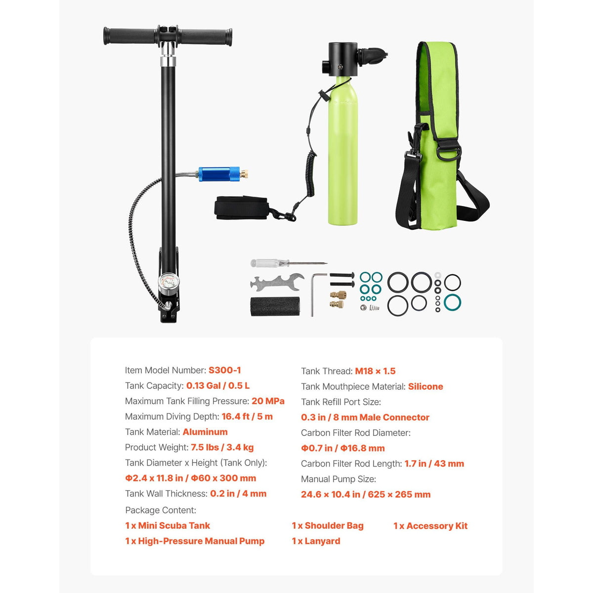 Mini Scuba Tank, 0.5L Portable Diving Tank for Underwater Breathing, Reusable Lung Diving Cylinder up to 10 Minutes Dive Time, Emergency Rescue Pony Bottle with Pump, Bag, Lanyard for Snorkeling